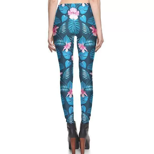 Abstract Botanical Print Leaves and Floral Legging Pants in Blue