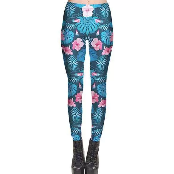 Abstract Botanical Print Leaves and Floral Legging Pants in Blue