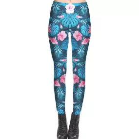 Abstract Botanical Print Leaves and Floral Legging Pants in Blue