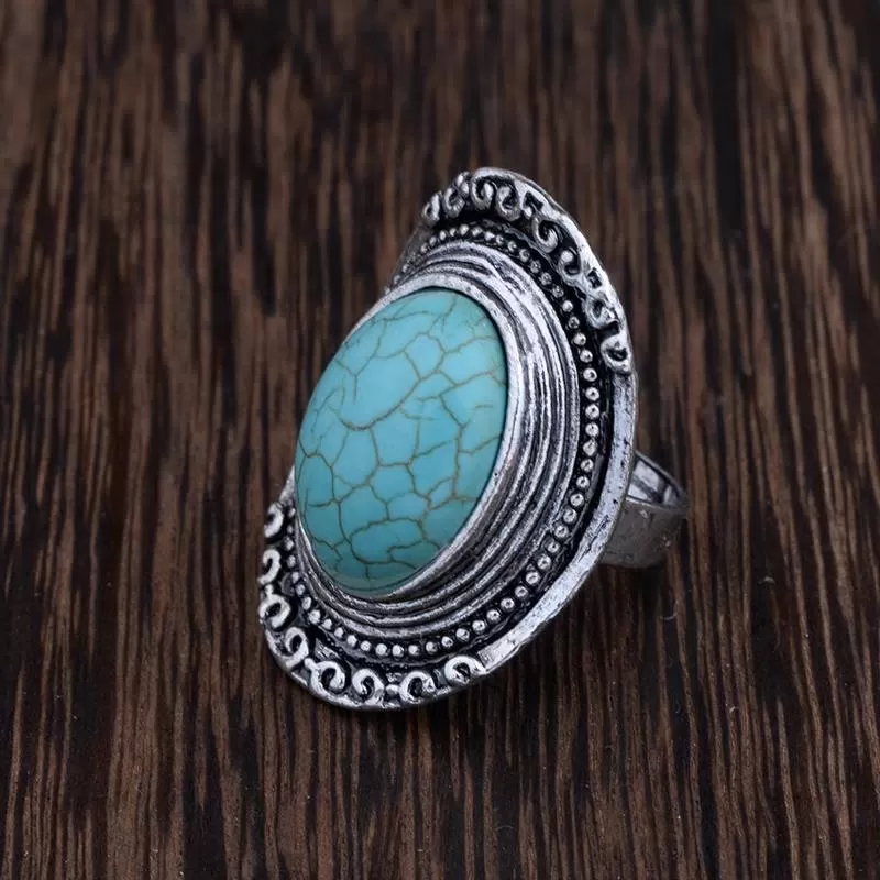 Antique Silver Oval Turquoise Stone Adjustable Ring