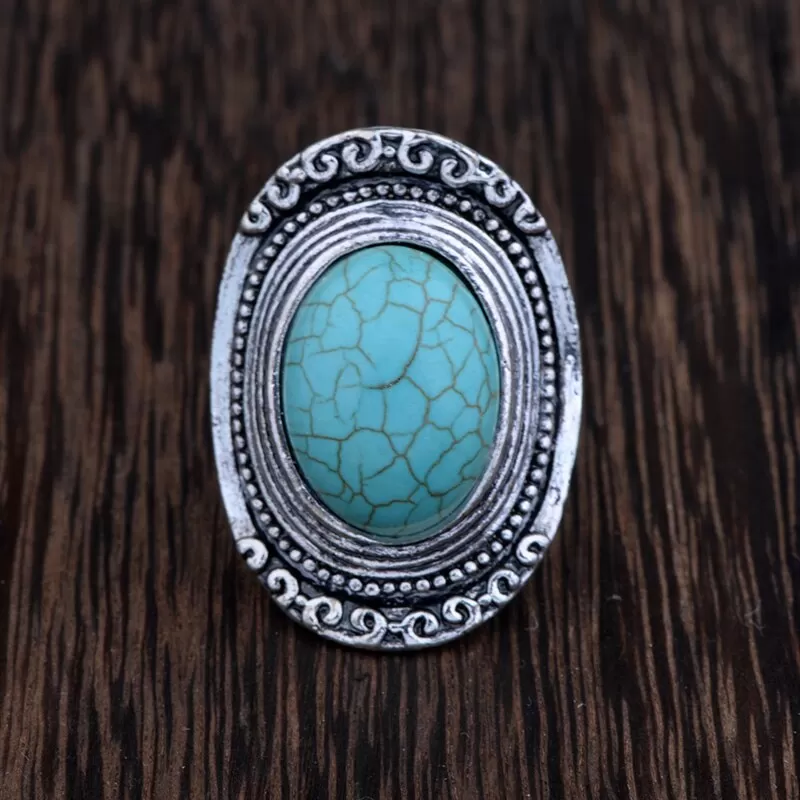 Antique Silver Oval Turquoise Stone Adjustable Ring