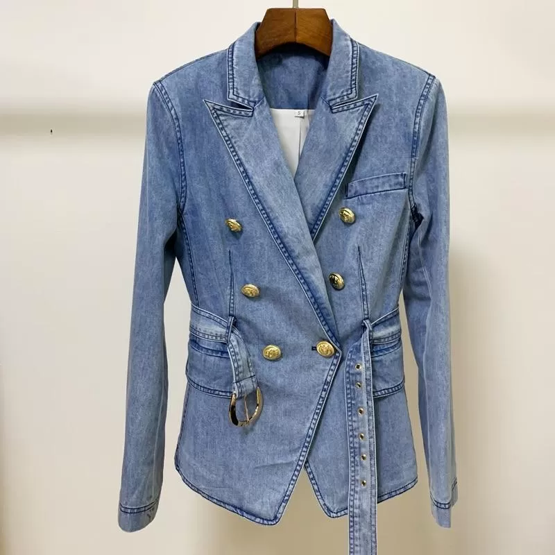 Belted Denim Blazer Women - Casual - Plain-Solid