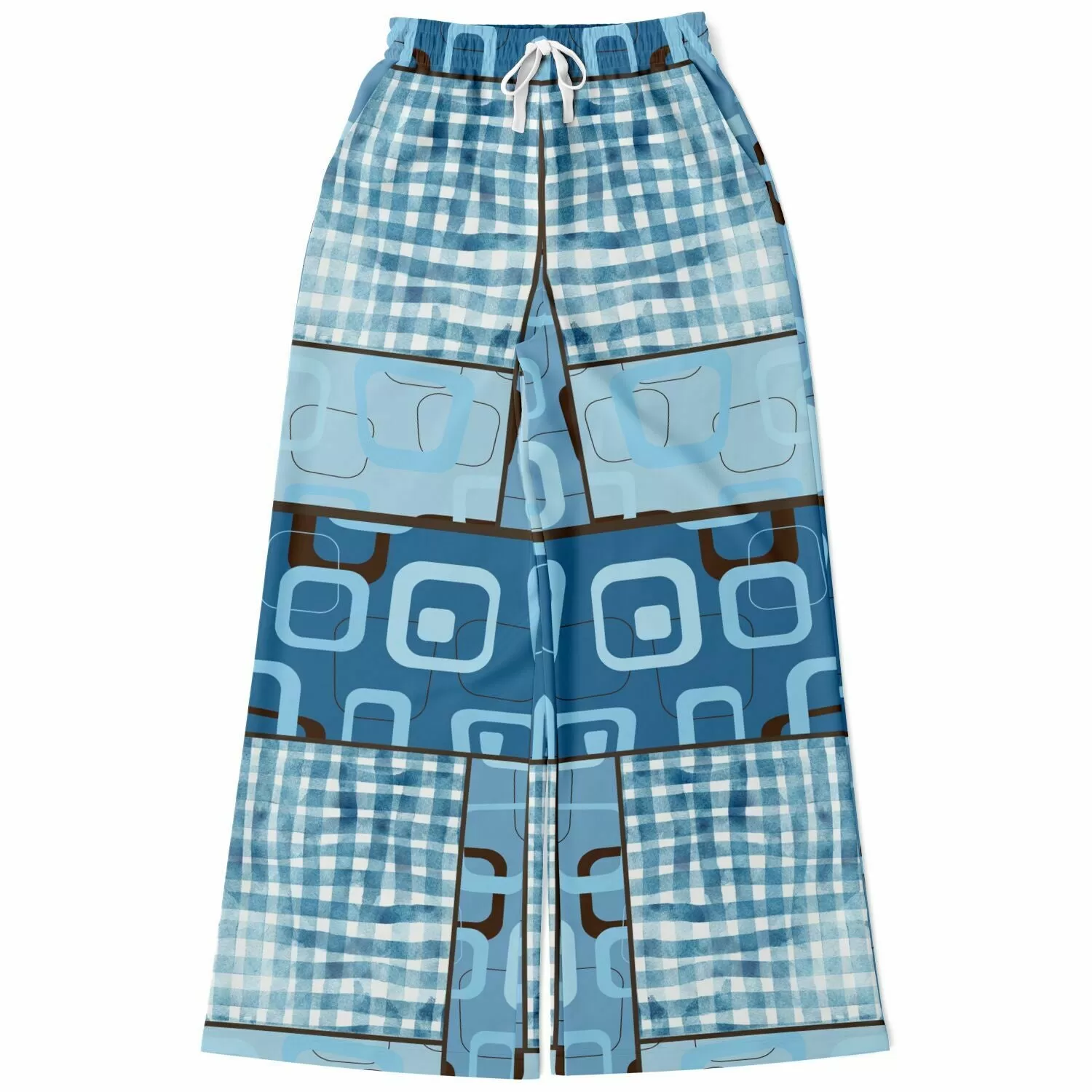 Blue Geo Patchwork Eco-Poly Stretchy Phat Bellbottoms