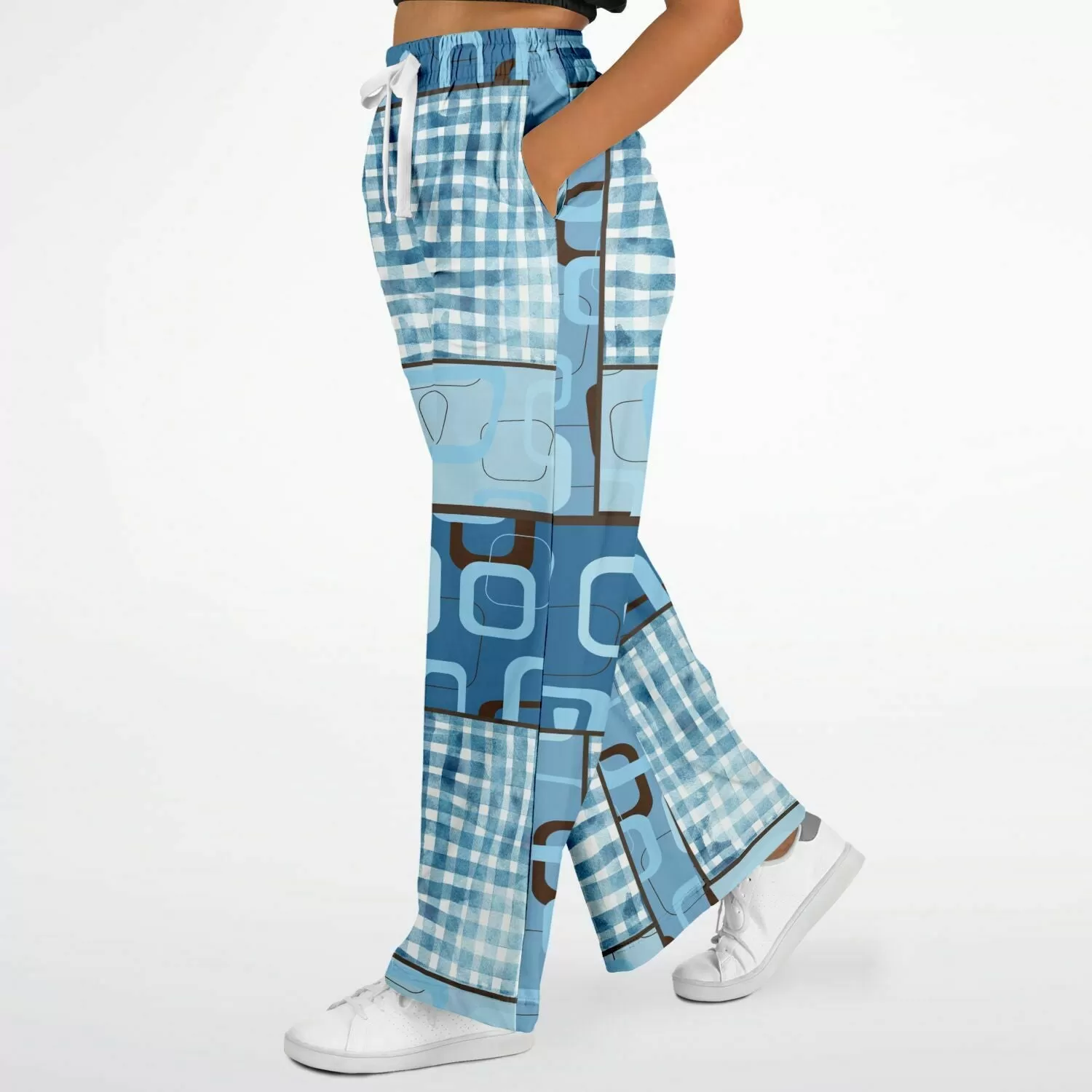 Blue Geo Patchwork Eco-Poly Stretchy Phat Bellbottoms