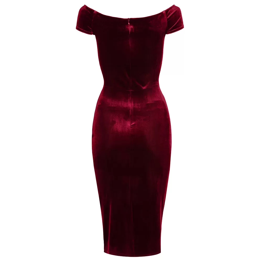 Claret Wine Red Velour Cap Sleeve Crossover Top Bardot Wiggle Dress