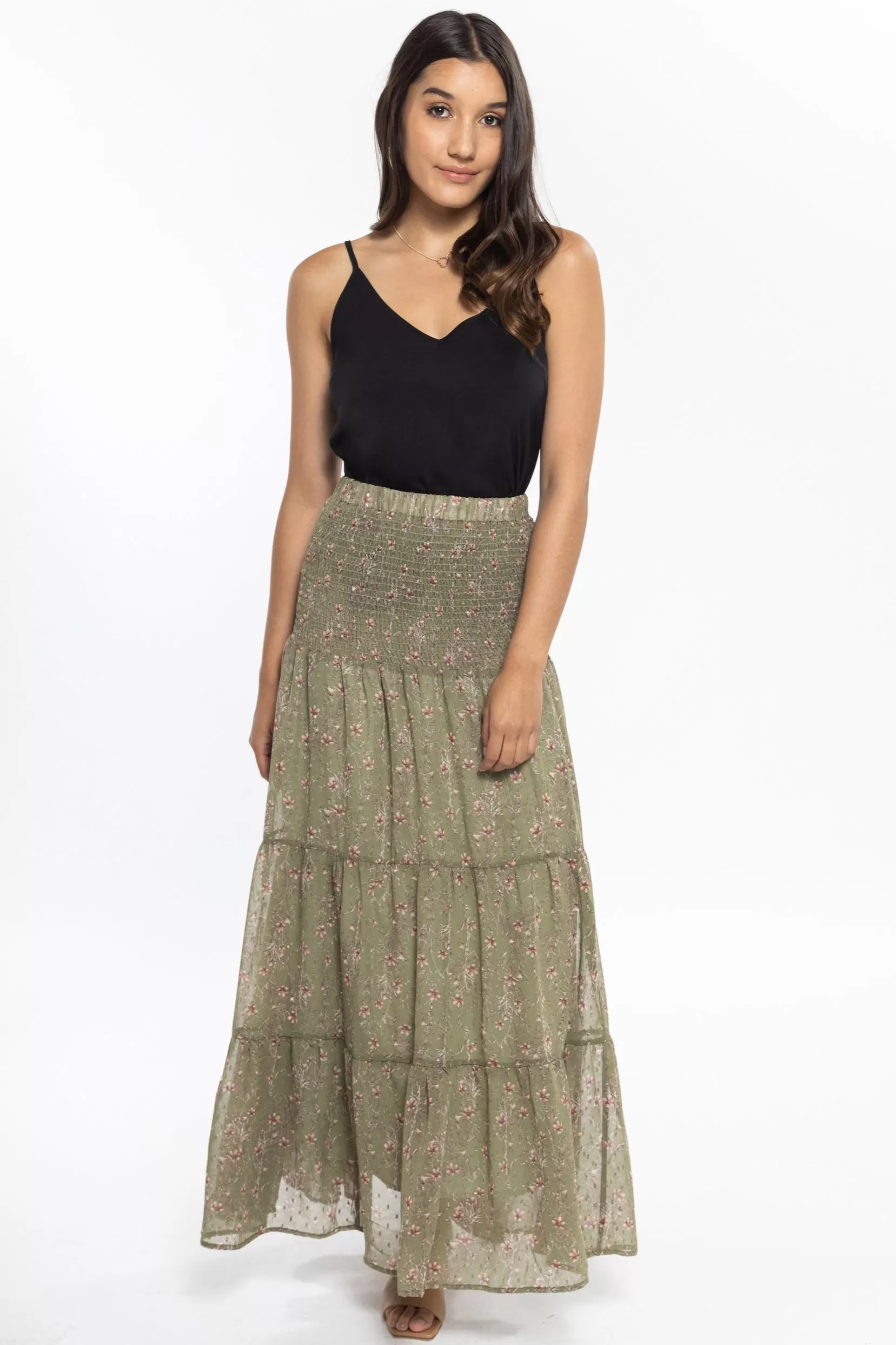 Creative Sage Floral Dobby Shirred Waist Tiered Maxi Skirt