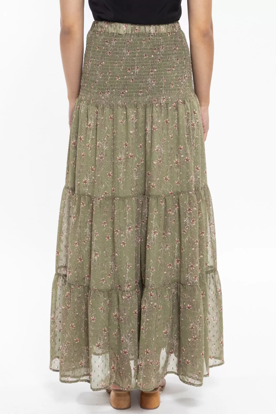 Creative Sage Floral Dobby Shirred Waist Tiered Maxi Skirt