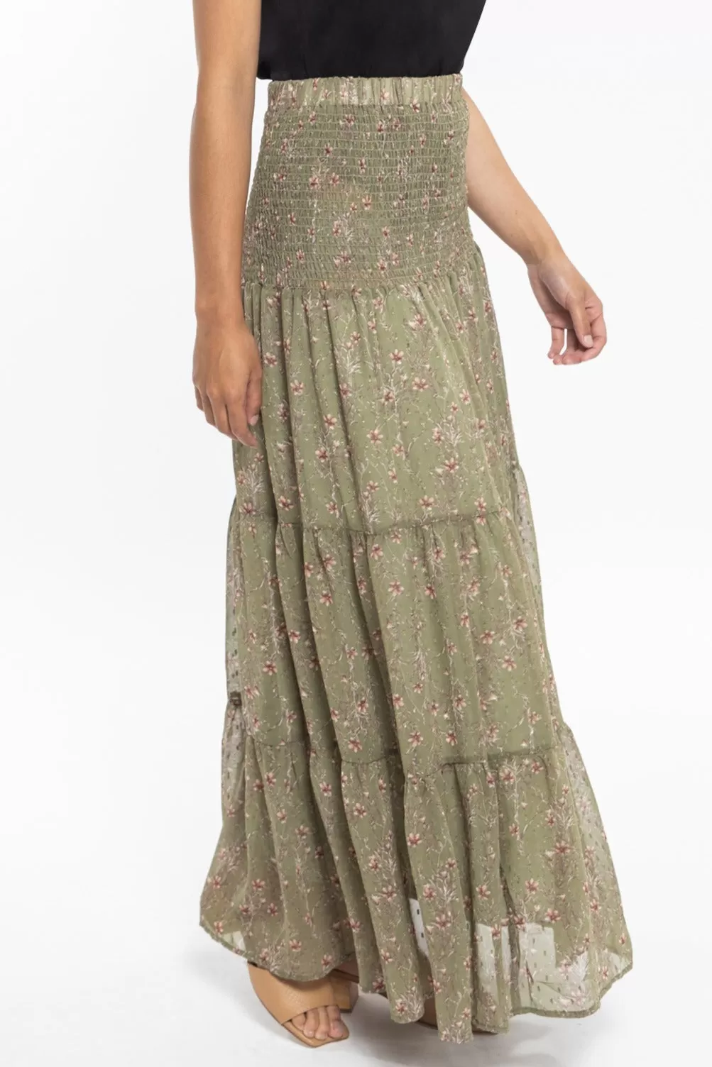 Creative Sage Floral Dobby Shirred Waist Tiered Maxi Skirt