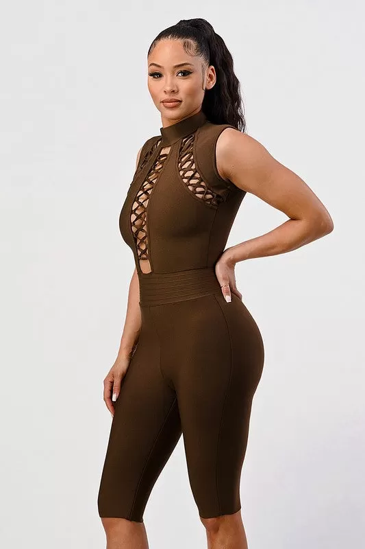 Cross My Heart Bandage Romper - Brown