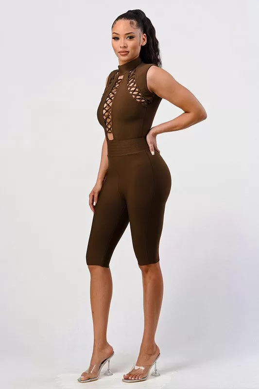 Cross My Heart Bandage Romper - Brown