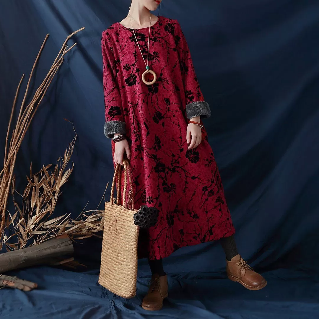 Floral Ethnic Style Fleece Dress