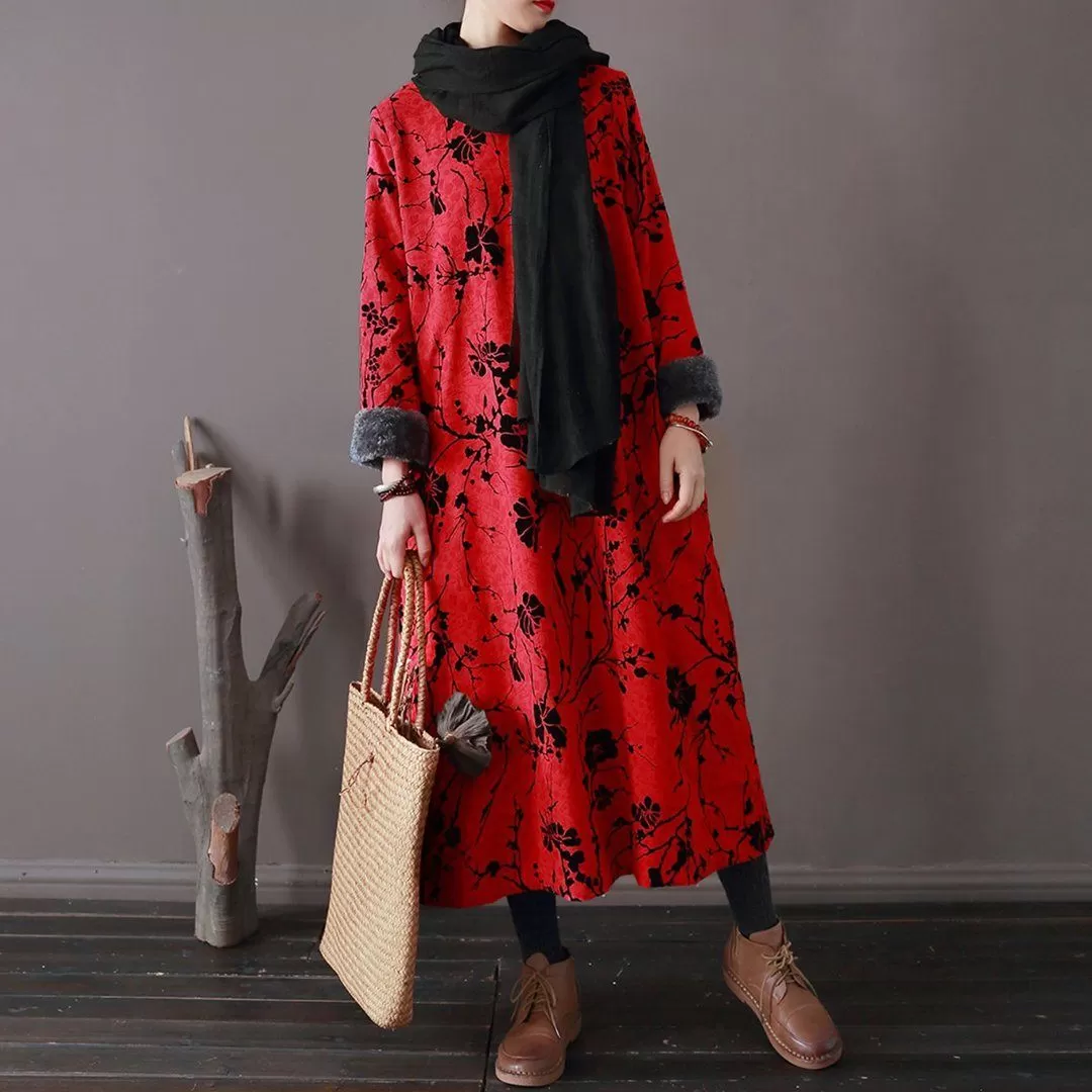 Floral Ethnic Style Fleece Dress