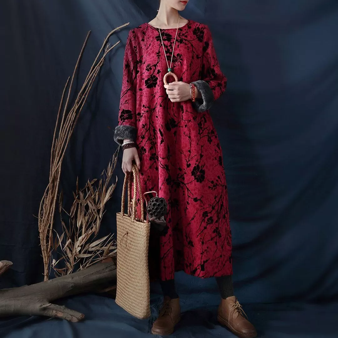 Floral Ethnic Style Fleece Dress