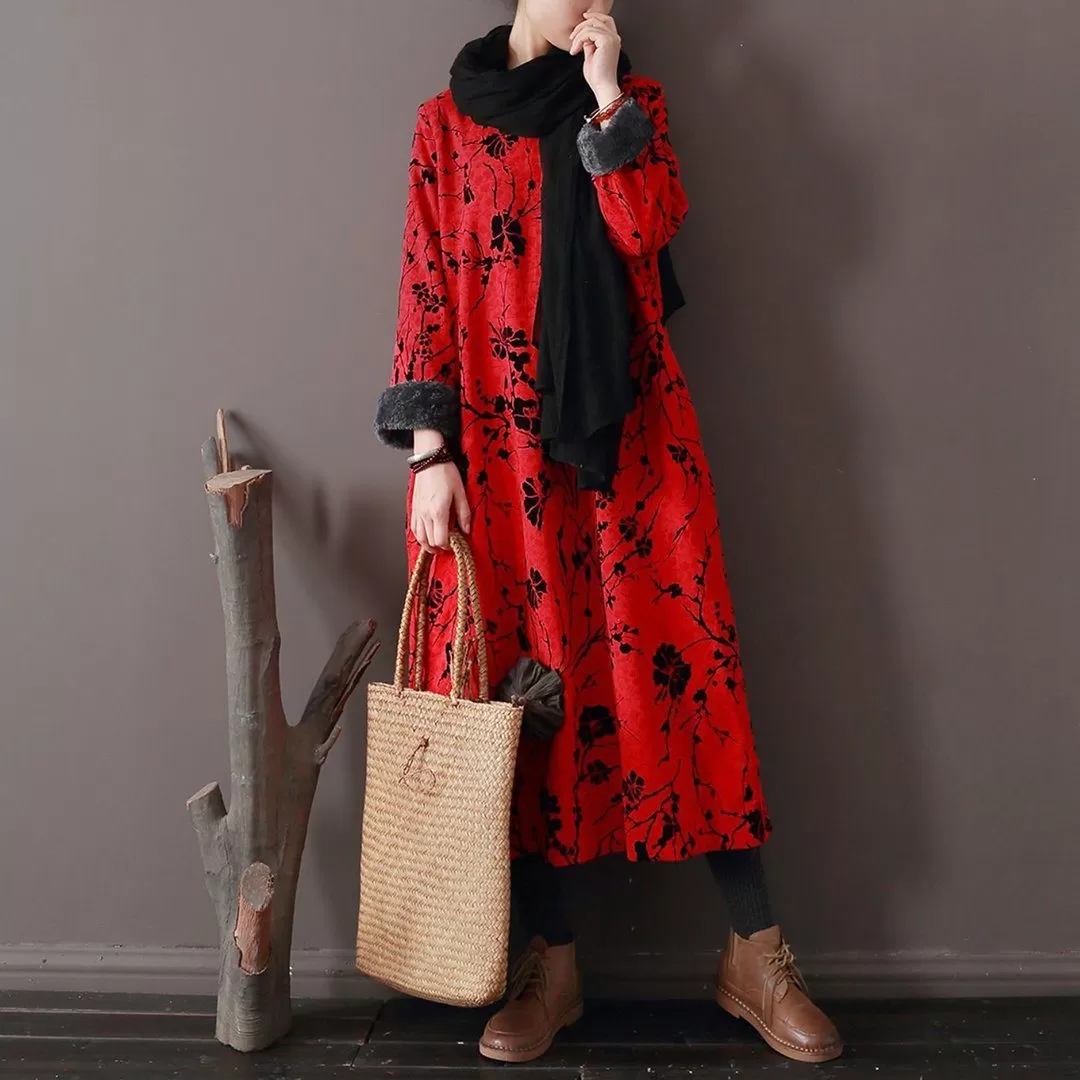 Floral Ethnic Style Fleece Dress