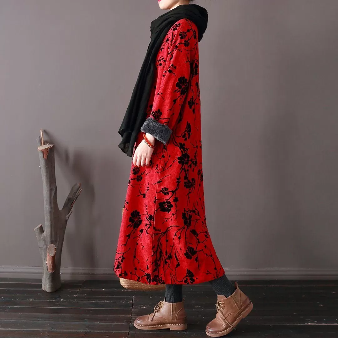 Floral Ethnic Style Fleece Dress