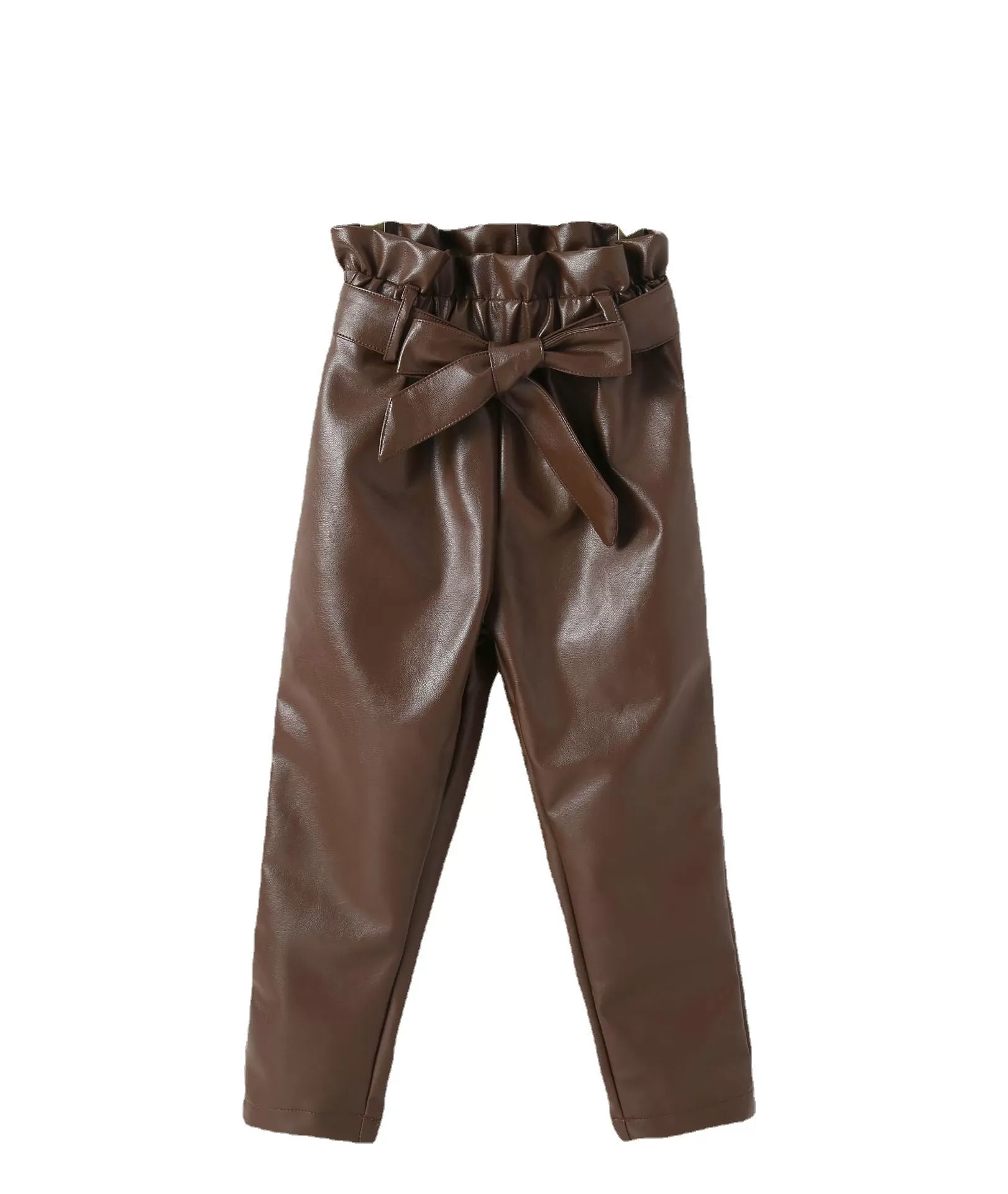 Girls' Autumn and Winter PU Leather Trousers, Solid Trousers, Including Belt