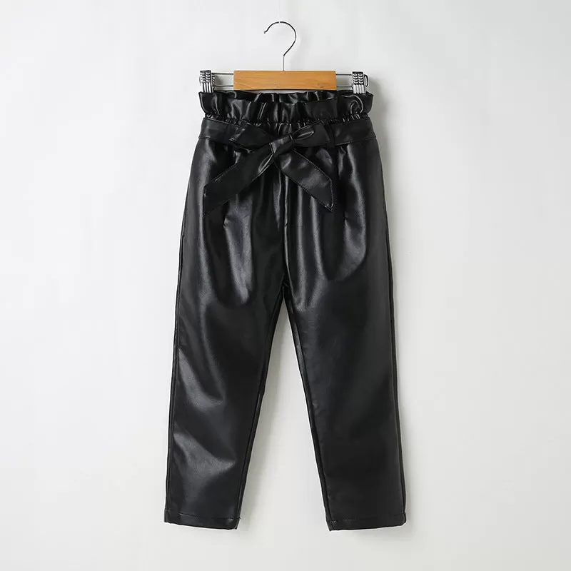 Girls' Autumn and Winter PU Leather Trousers, Solid Trousers, Including Belt