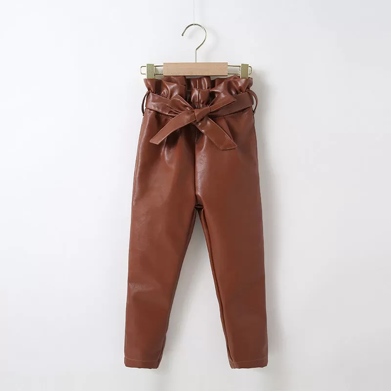 Girls' Autumn and Winter PU Leather Trousers, Solid Trousers, Including Belt