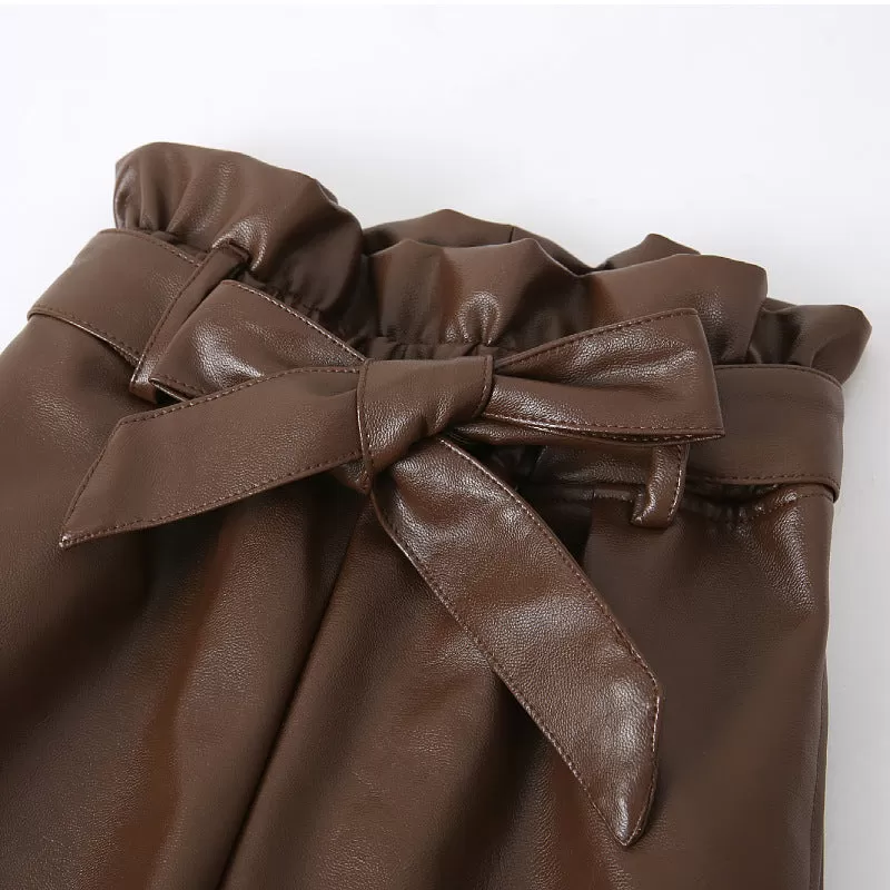 Girls' Autumn and Winter PU Leather Trousers, Solid Trousers, Including Belt