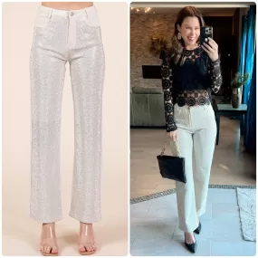 Ivory Rhinestone High-Waist Jeans