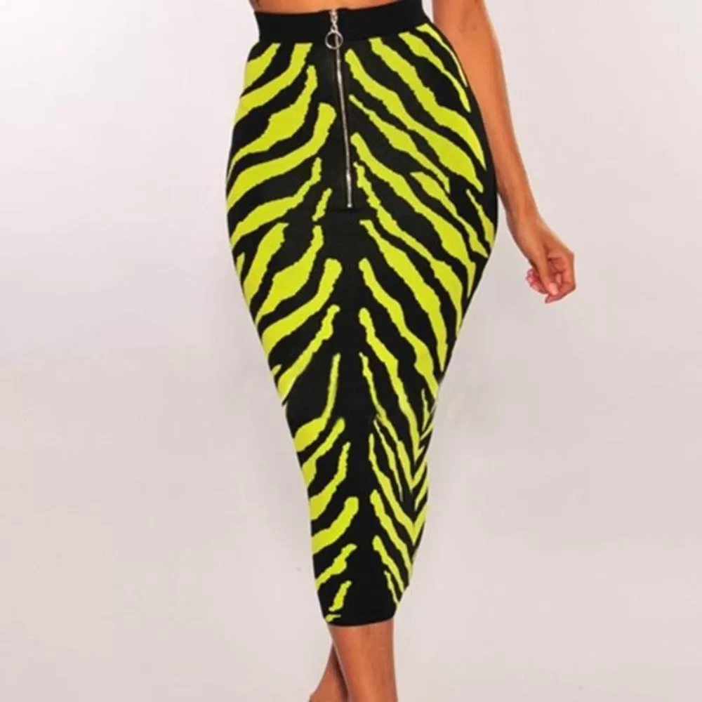 Long Lime Zebra Print Bandage Midi Skirt