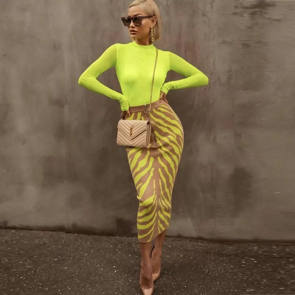 Long Lime Zebra Print Bandage Midi Skirt