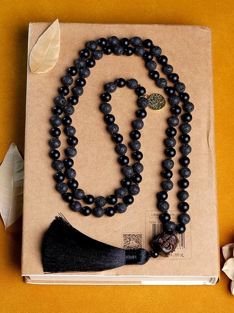 Mala Beaded Necklace Volcanic Stone Black Onyx Tassel Knotted Necklace