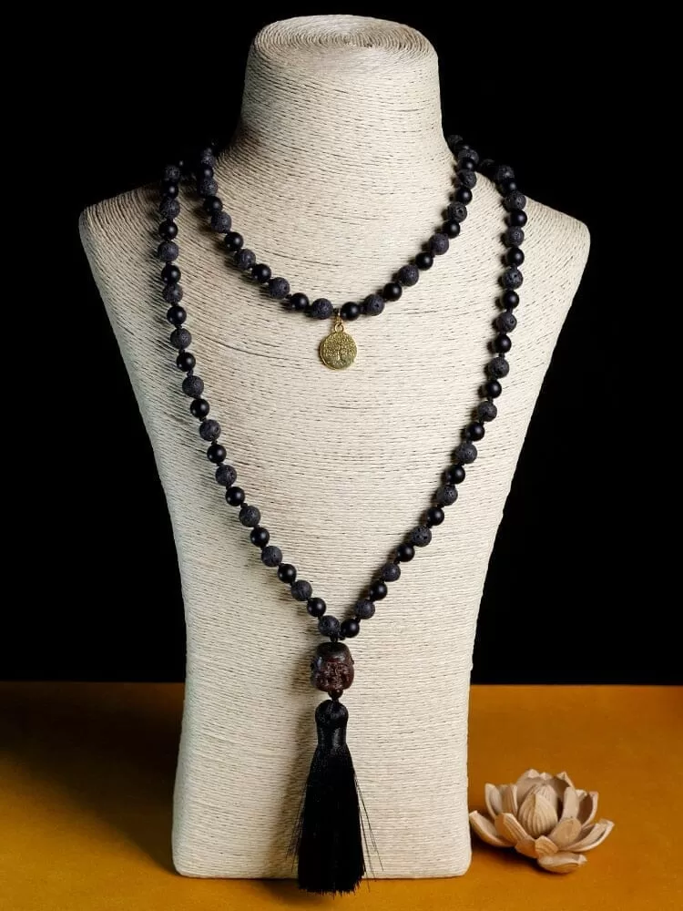 Mala Beaded Necklace Volcanic Stone Black Onyx Tassel Knotted Necklace