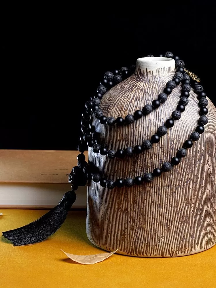 Mala Beaded Necklace Volcanic Stone Black Onyx Tassel Knotted Necklace