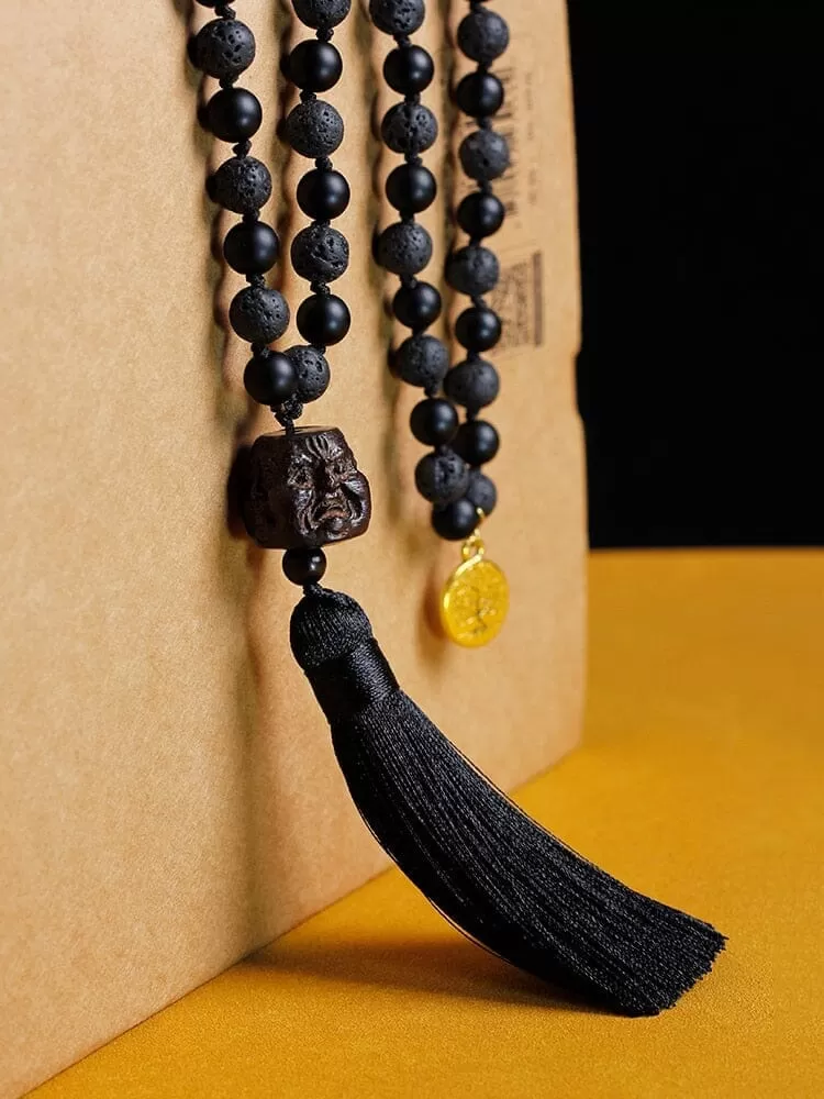 Mala Beaded Necklace Volcanic Stone Black Onyx Tassel Knotted Necklace