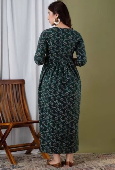 Maternity Feeding Gown Green Cotton Maxi Dress