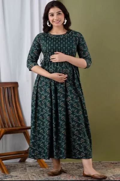 Maternity Feeding Gown Green Cotton Maxi Dress