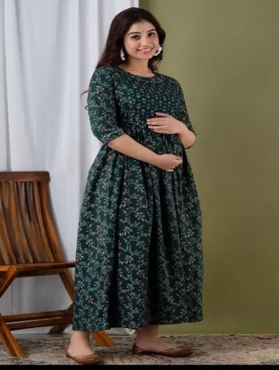 Maternity Feeding Gown Green Cotton Maxi Dress