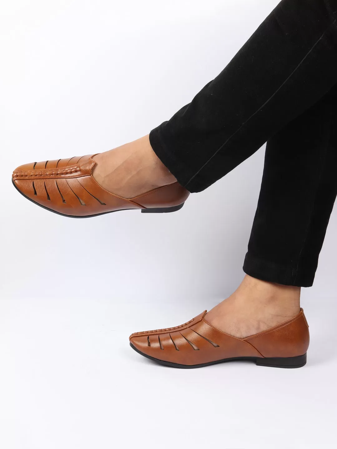 Men Tan Ethnic Wedding Party Laser Cut Design Slip On Juttis and Mojaris