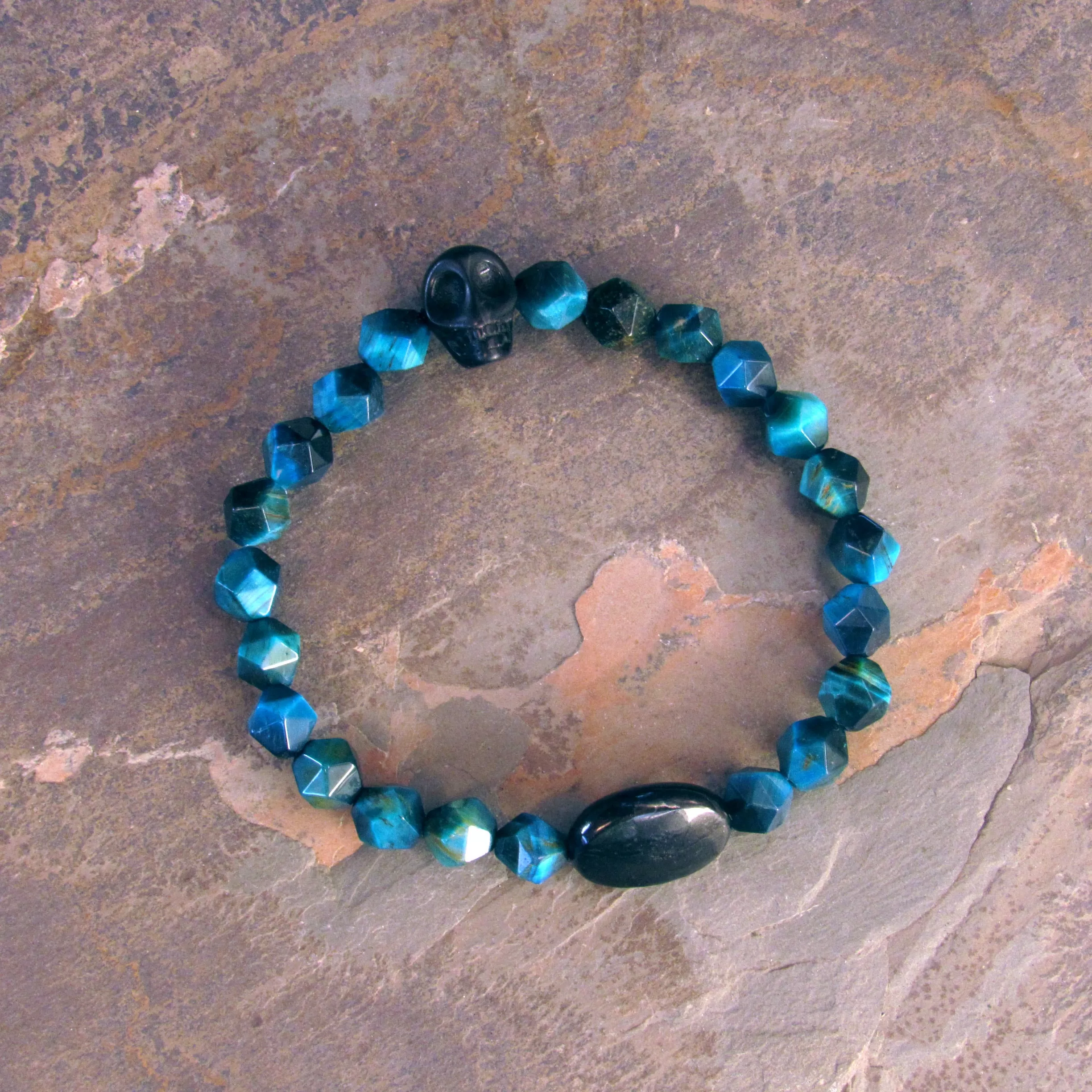 Men’s Blue Tiger’s Eye, Shungite, and Howlite Skull Stretch Bracelet