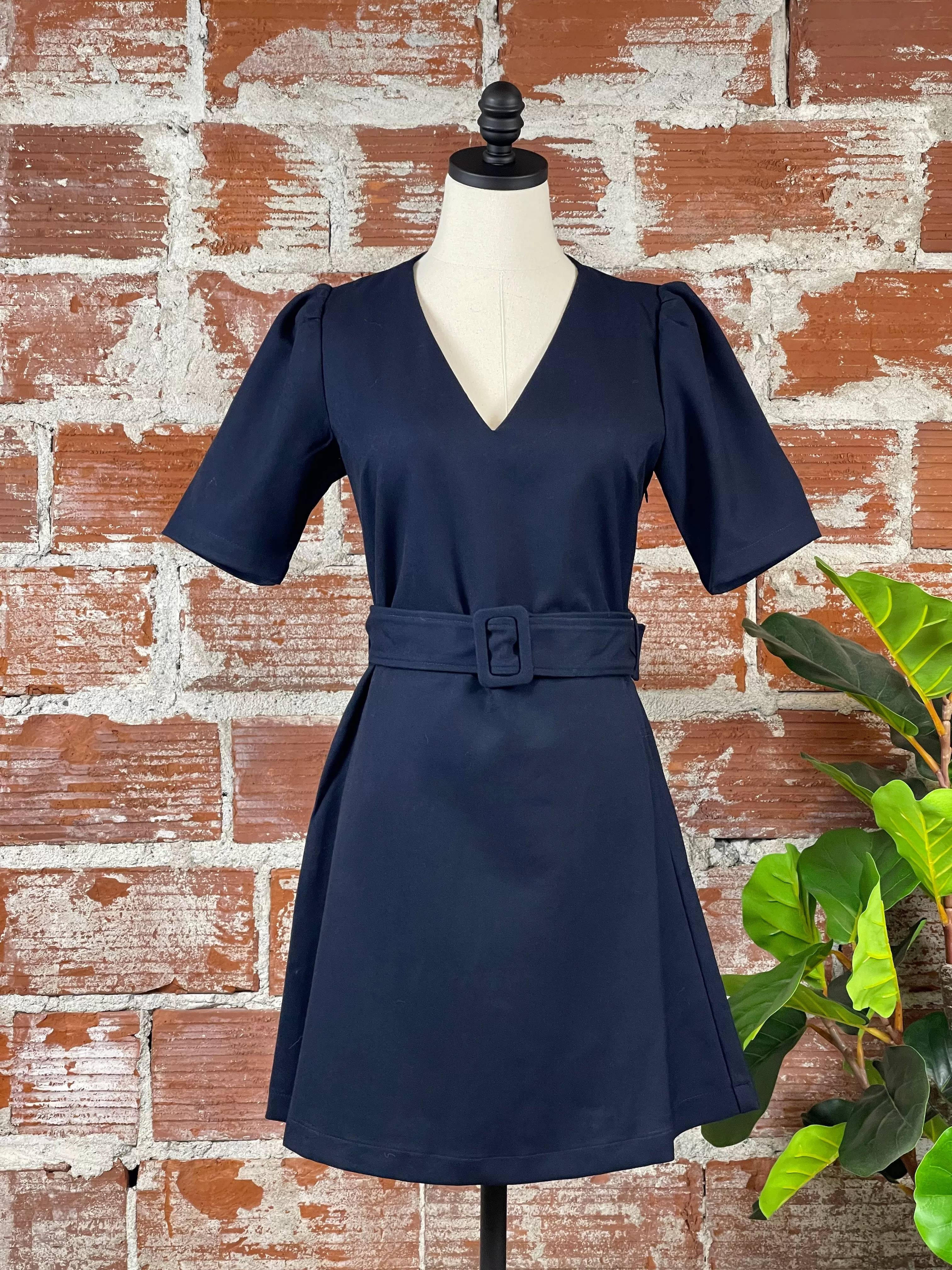 Molly Bracken V-Neck Belted Dress in Navy