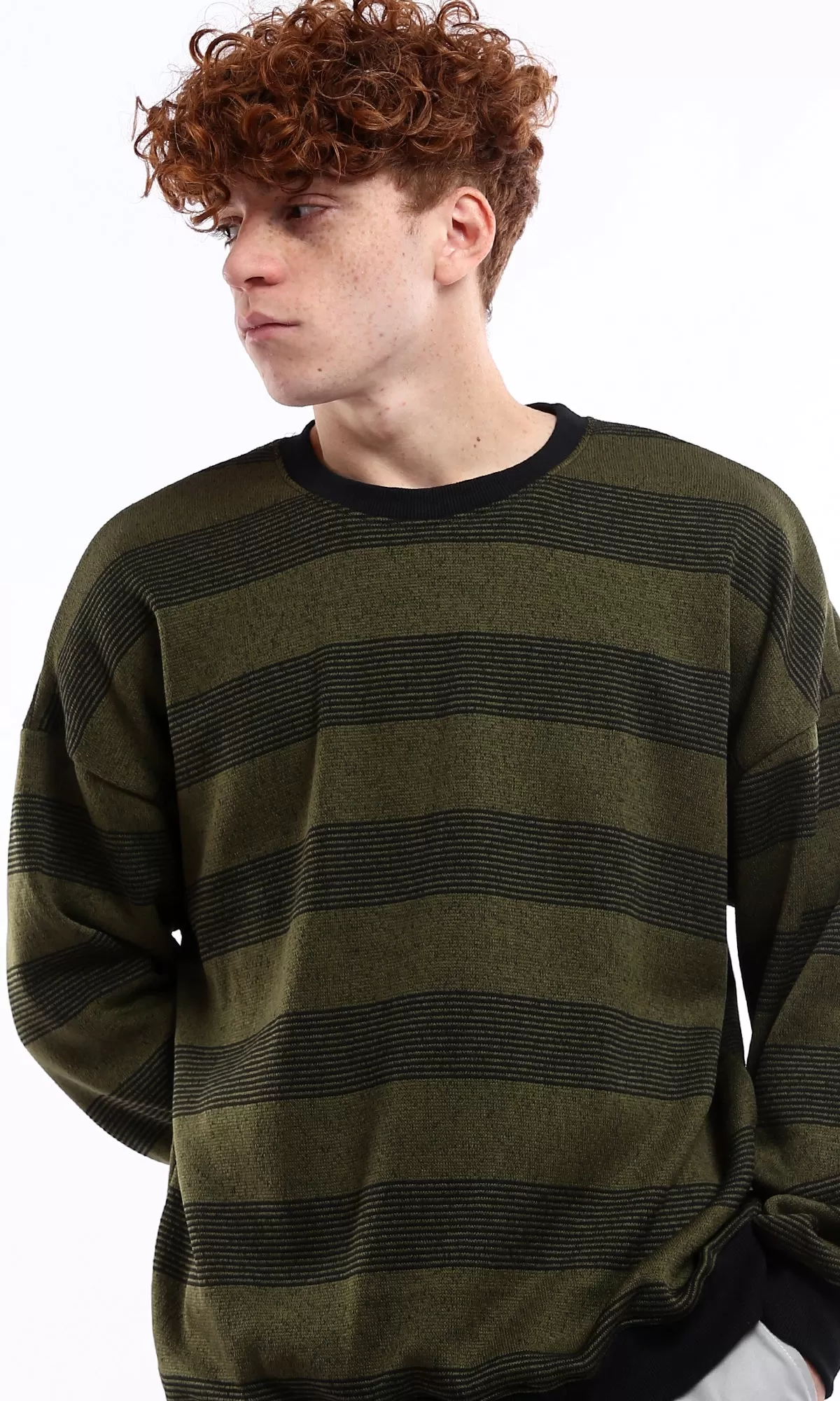 O177884 Black & Olive Striped Coziness Slip On Sweatshirt