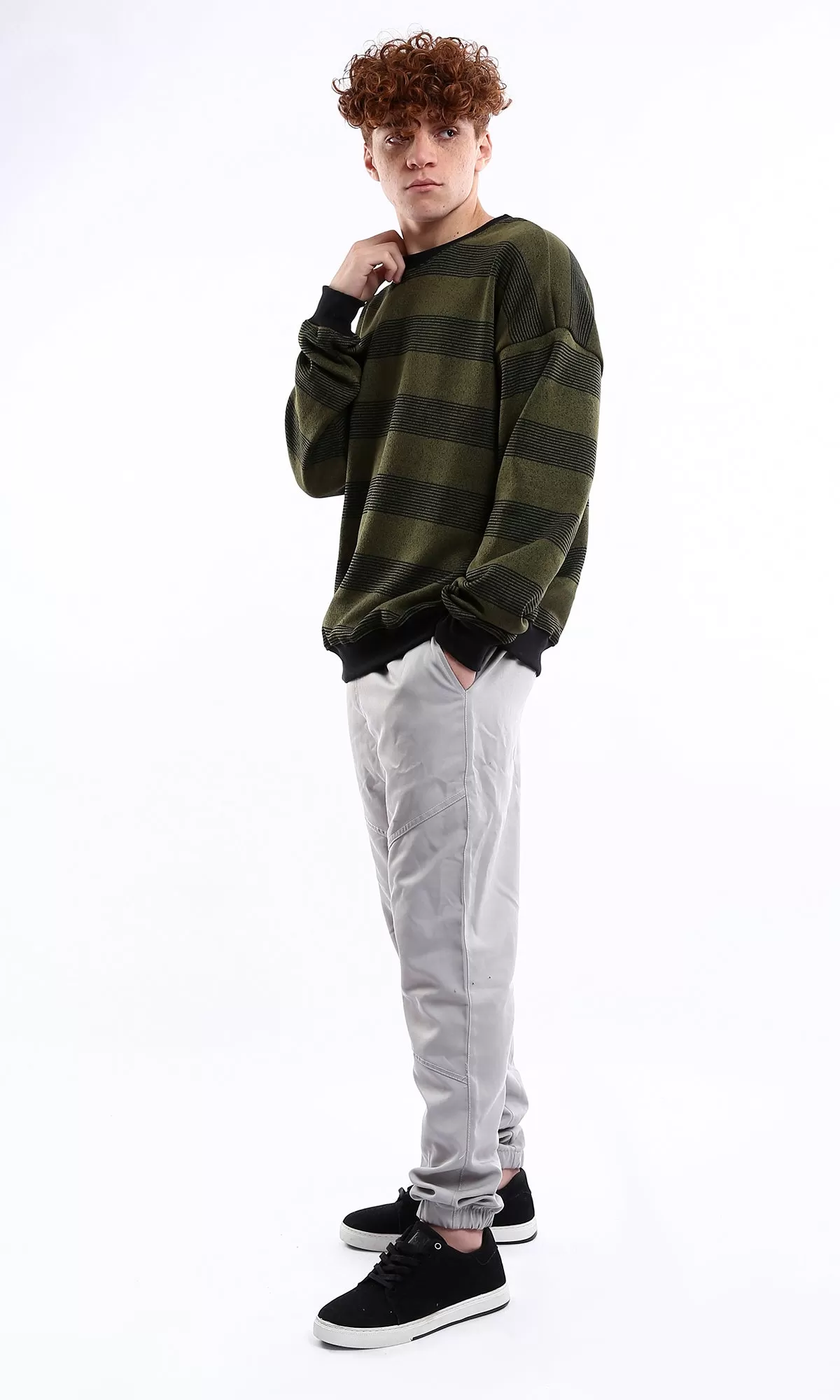 O177884 Black & Olive Striped Coziness Slip On Sweatshirt