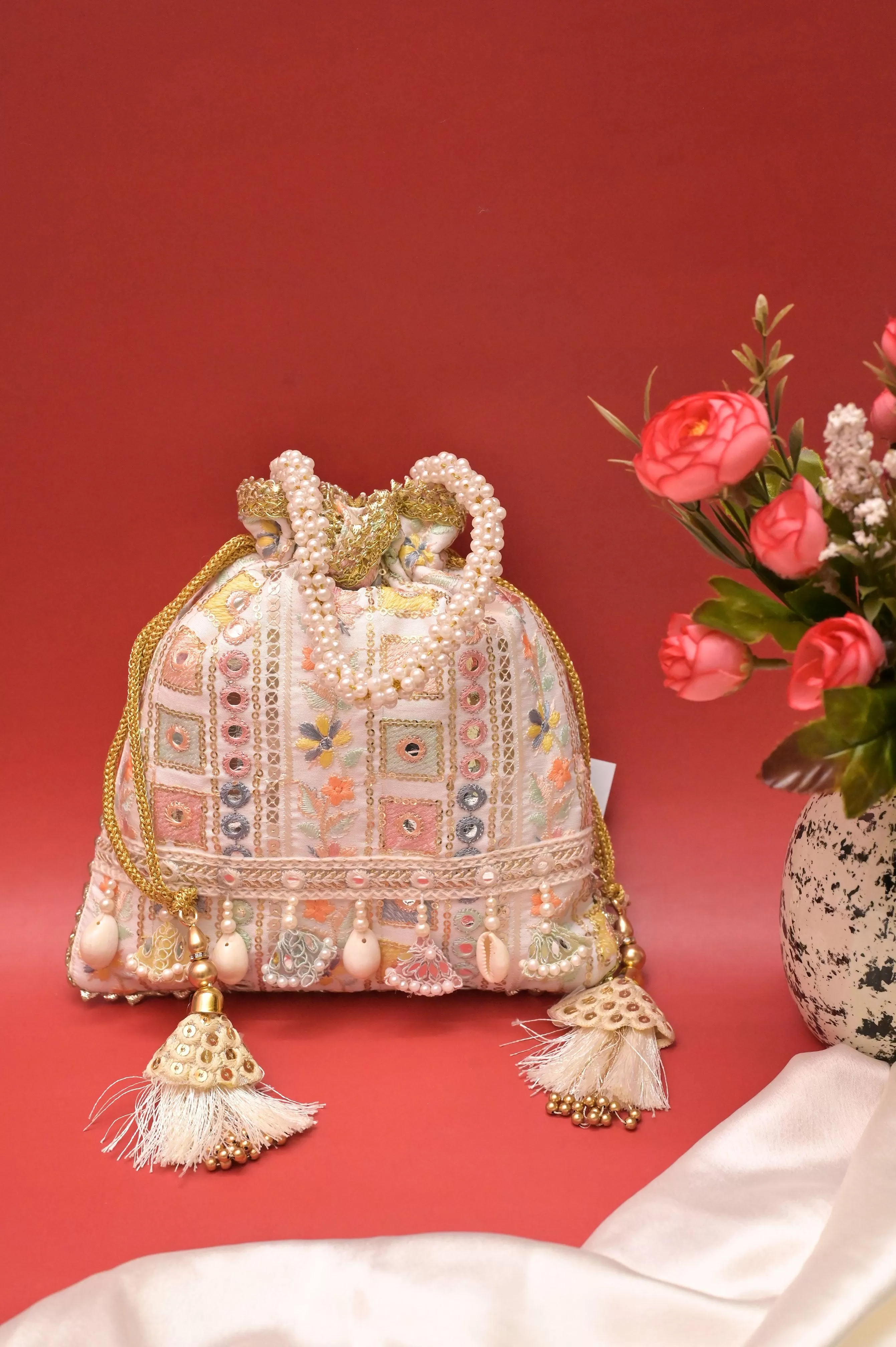 Offwhite Color Potli Clutch Bag with Embroidery & Mirror Work