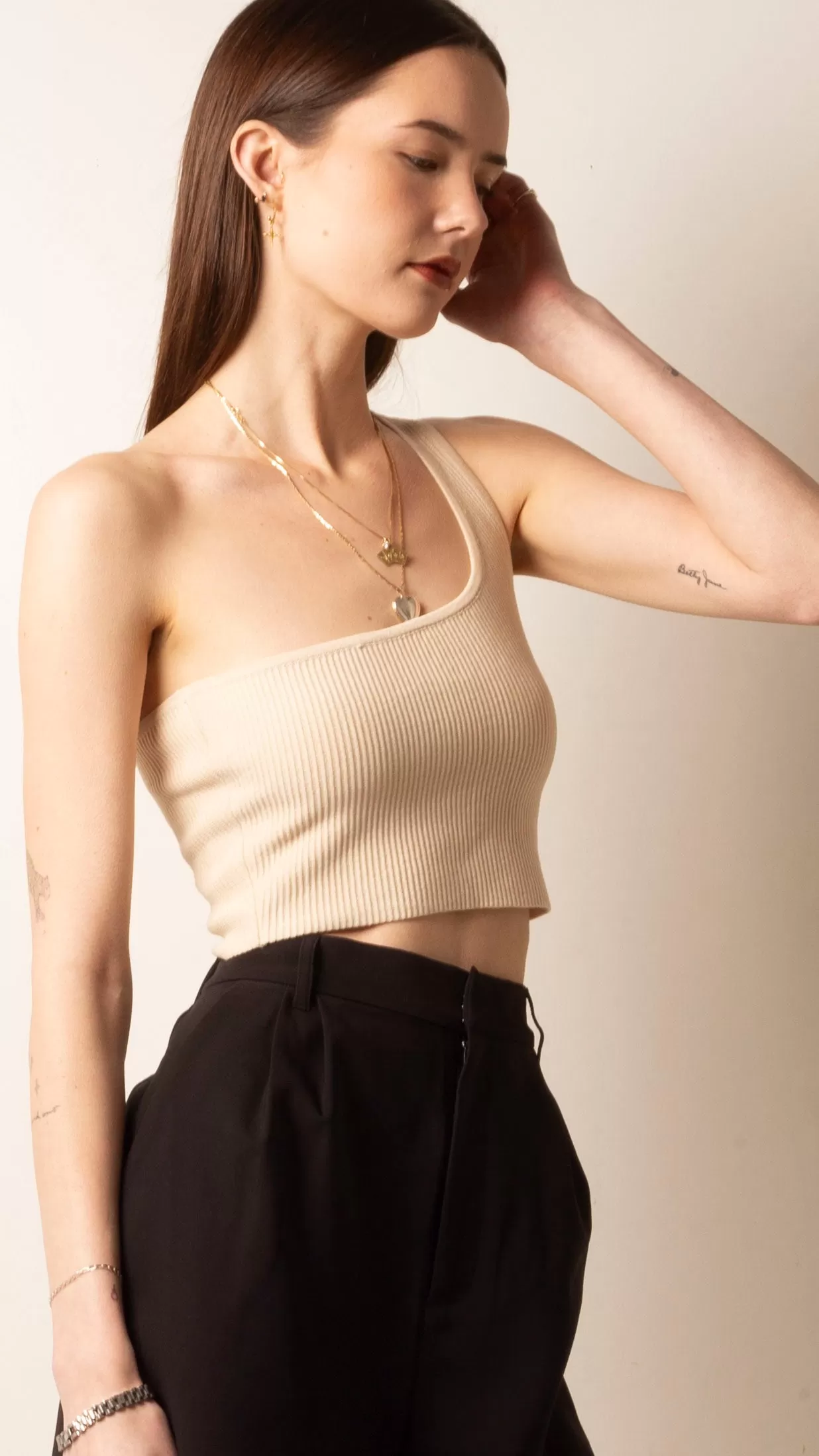 One Shoulder Fitted Crop - Cream