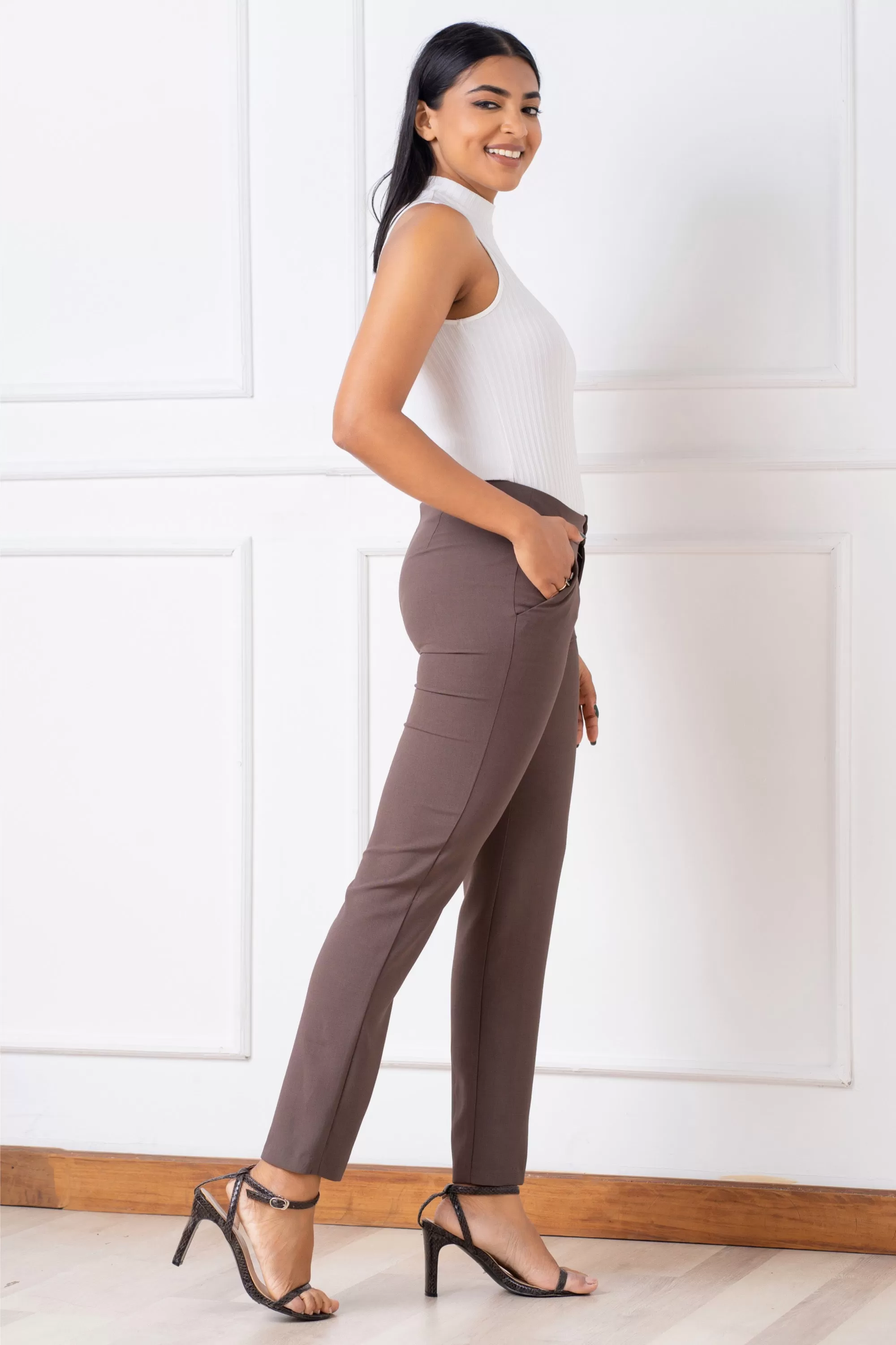 Regular Waist Front Button Slim Cut Pant- Slim Fit