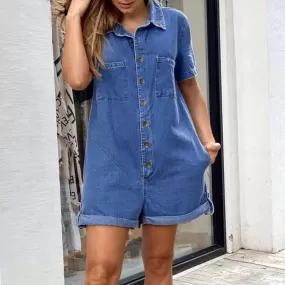 Rompers Women Jumpsuits Ladies Casual Shorts Sleeve Solid Pleated Jumpsuits Dungaree Lapel Collar Button Up Short Overalls