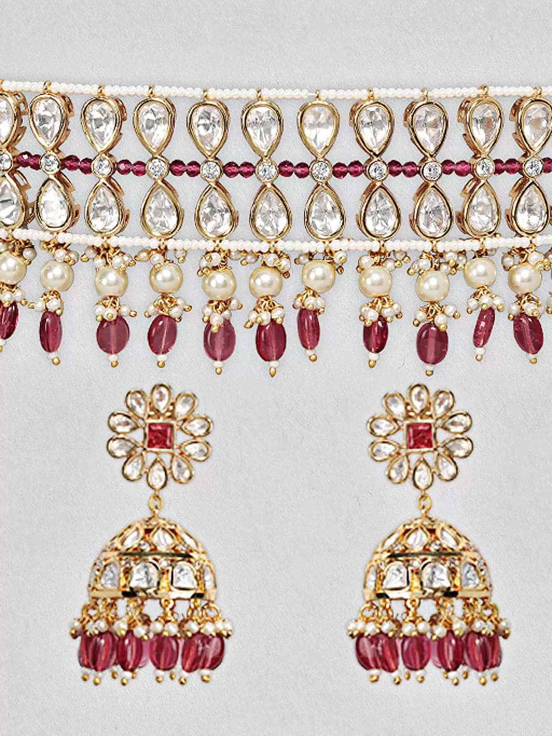 Rubans Gold Plated Kundan Choker Set With Red Beads And Pearls