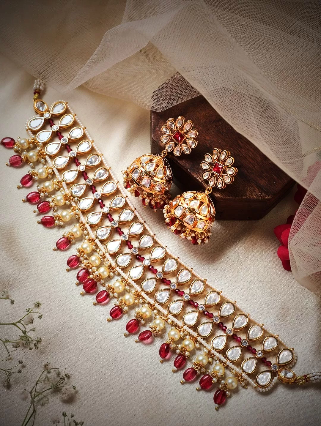 Rubans Gold Plated Kundan Choker Set With Red Beads And Pearls