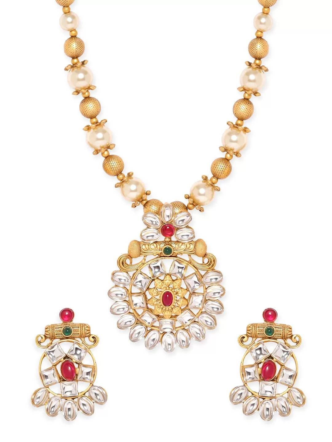 Rubans Gold-Toned Pendant with Dazzling Stones and Golden Off-White Pearls Chain Necklace Set