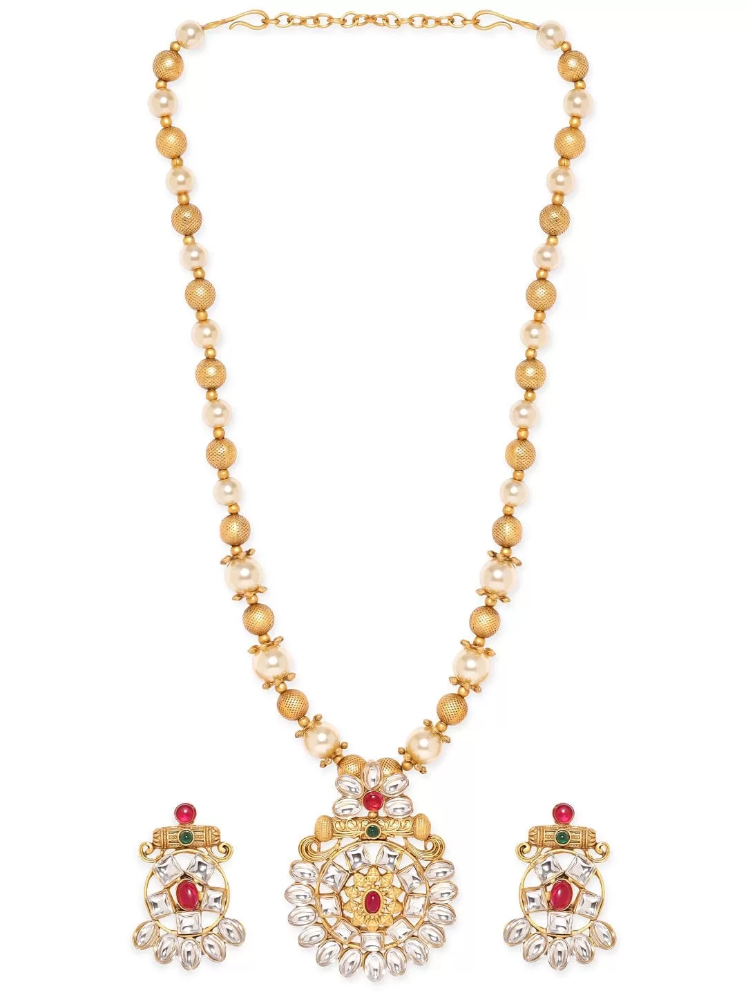 Rubans Gold-Toned Pendant with Dazzling Stones and Golden Off-White Pearls Chain Necklace Set