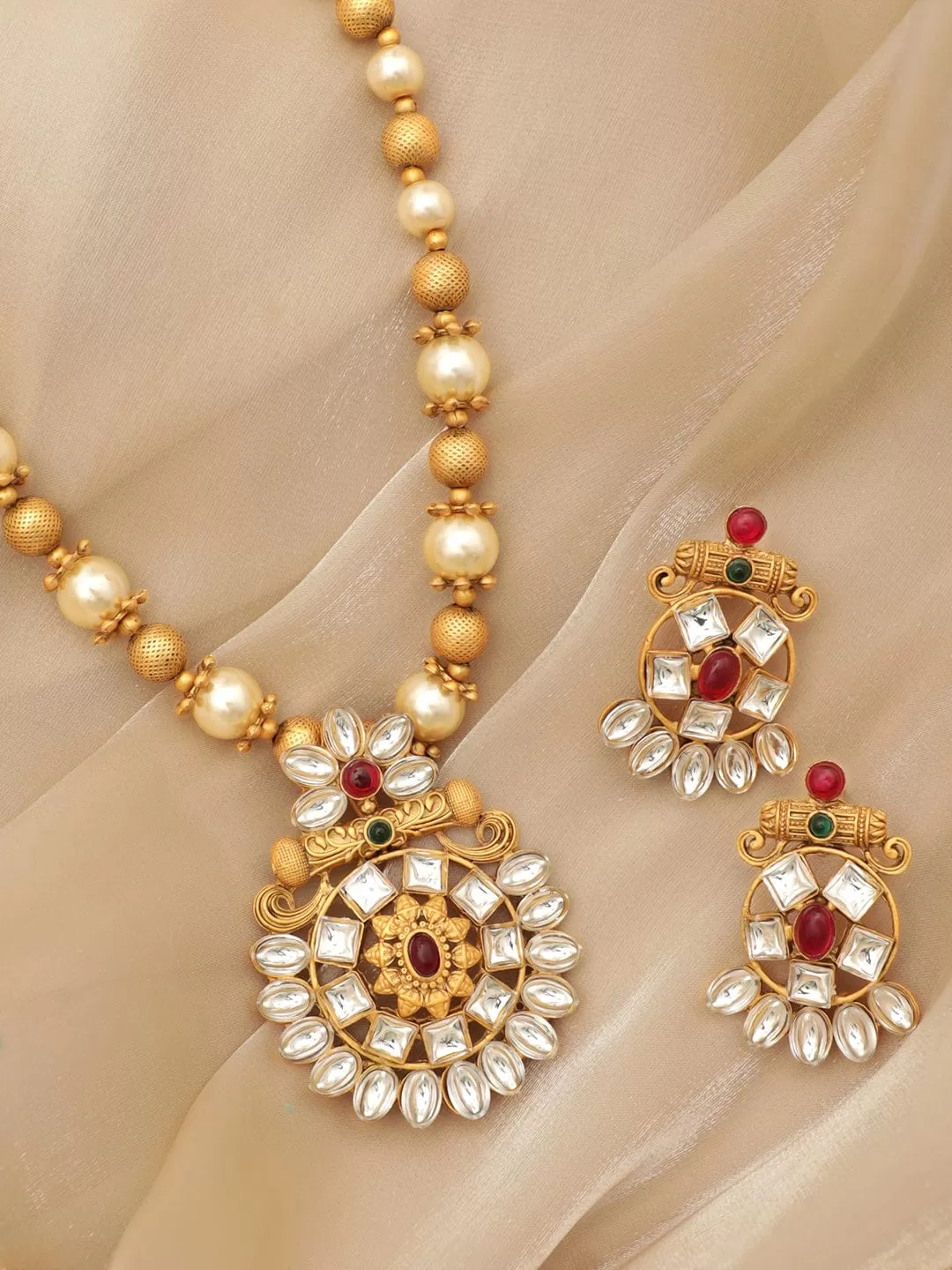 Rubans Gold-Toned Pendant with Dazzling Stones and Golden Off-White Pearls Chain Necklace Set