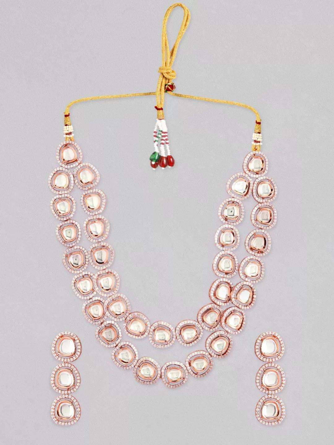 Rubans Rose Gold Plated Layered Polki Necklace Set With Stones.