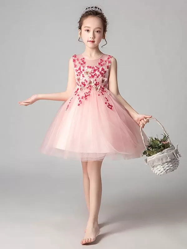 Sleeveless Flowers Kids Party Dresses 3D Floral Flower Girl Dresses