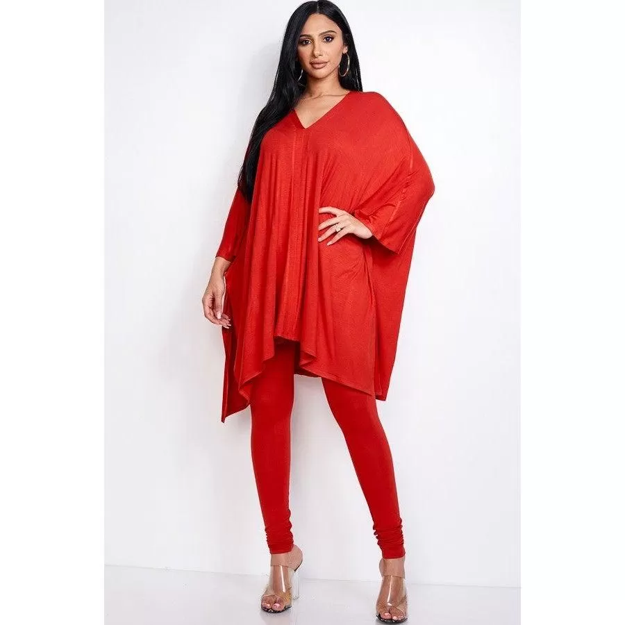 Solid Heavy Rayon Spandex Cape Top And And Leggings 2 Piece Set